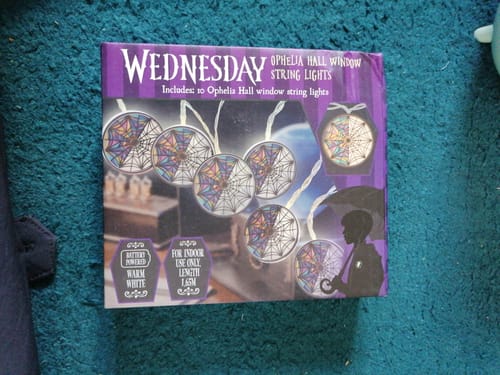 Customer's packaging for the Wednesday Lichterkette showing the purple box with spiderweb light illustrations.