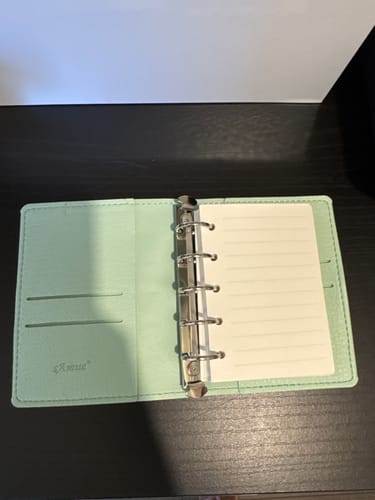 Customer's open mint green Free Your Mind notebook with five-ring binder and lined pages.