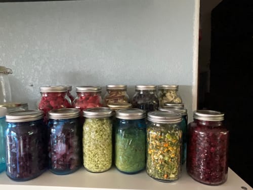 Customer's Mason Genie Vacuum Sealer Kit used to seal many filled mason jars of various preserved foods on a shelf.