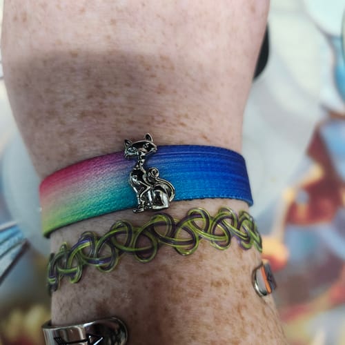 Customer's Friends Forever Pet Remembrance Bracelet with a silver cat charm worn on a wrist.