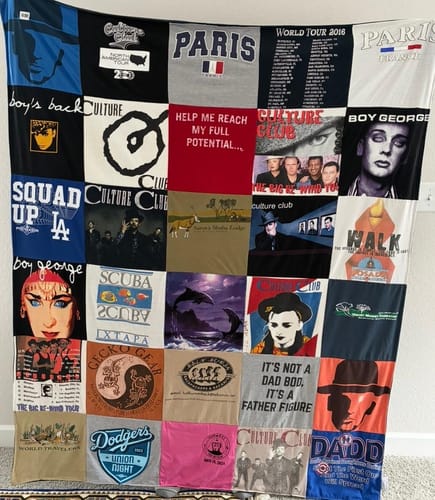Customer's Project Repat T-Shirt Quilt featuring a colorful collage of various music and travel-themed t-shirt squares.