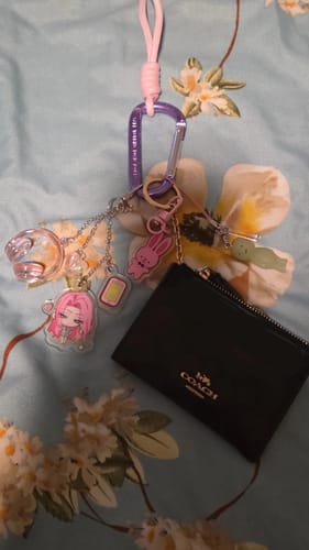 Customer's Alien Stage acrylic keychain charms with pink character art attached to a purple carabiner.