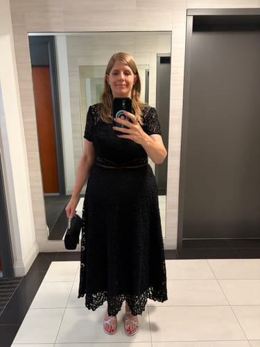 Customer photo review of Georgina Lace Midi Dress in Black by ML Monique Lhuillier - RENTAL