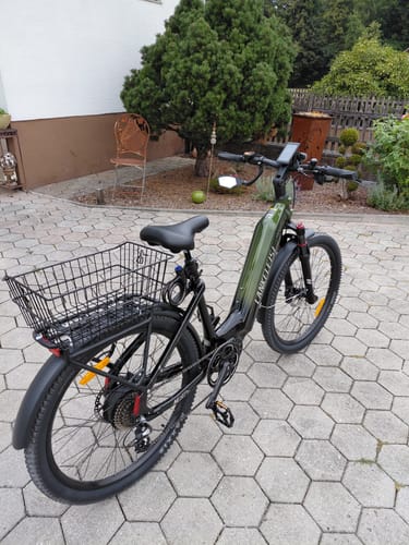 Customer's green Lankeleisi MG600 Lite e-bike with a black storage basket attached, parked on a paved patio.