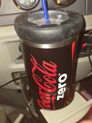 Customer's To-Go Buddy Coca-Cola cup insulator with a drink inside a car cup holder