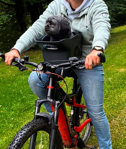 Reviewer's black Kvisp Comfort Seat Liner on a bicycle, carrying a small dog during an outdoor ride.
