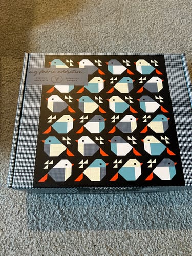 Customer's Sparrows Bee Basics quilt kit shown on the closed decorative product box.