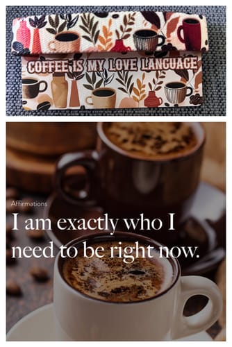 Customer's Coffee Is My Love Language bracelet on its decorative card with coffee and plant patterns.