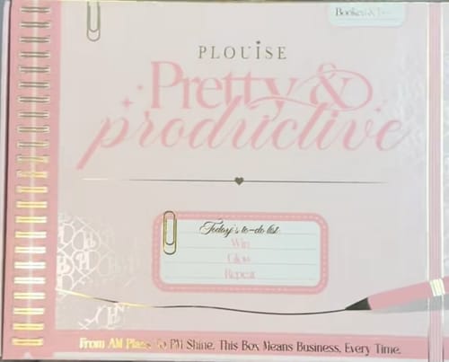 Customer's pink Budget Box packaging featuring Pretty and Productive branding and a to-do list design.