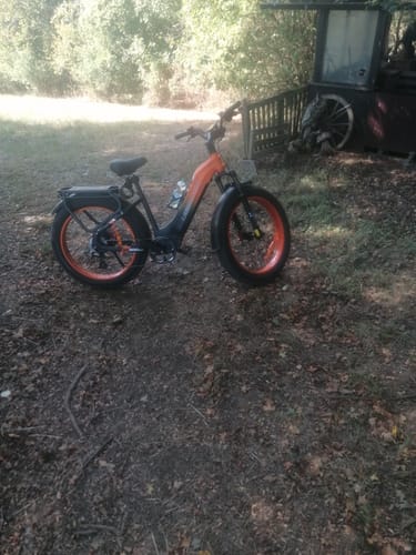 Customer's orange and black Lankeleisi MG600 Plus fat bike parked on a dirt path in a wooded area.