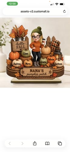 Customer's Hello Fall Grandma's Pumpkin Patch plaque featuring a personalized character and pumpkins with names.