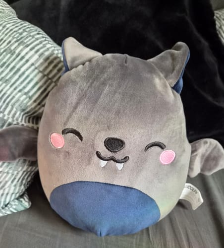 Customer's Fledermaus-Plüschfigur, eine niedliche graue Plüschfledermaus mit freundlichem Gesicht auf einem Sofa.