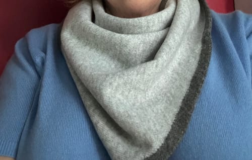 Customer photo review of Brand New Mist and Thunder Grey Recycled Cashmere Triangle Scarf