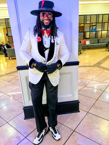Customer photo review of Men's 3-Piece Shawl Collar Leaf Jacquard White Tuxedo Set