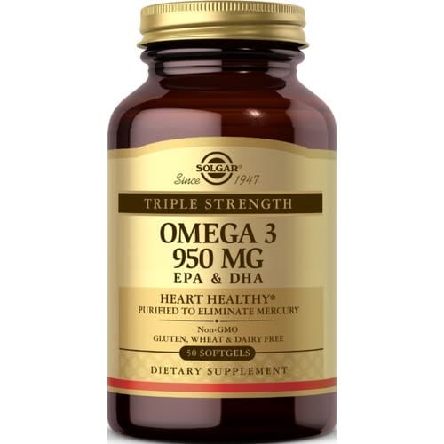صورة المراجع لعبوة مكمل Solgar Triple Strength Omega-3 بوزن 950 ملجم، تظهر العبوة البنية والملصق الذهبي.