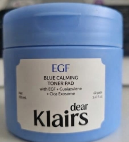 Customer's Klairs EGF Blue Calming Toner Pad tub, showing the light blue packaging and product label clearly.