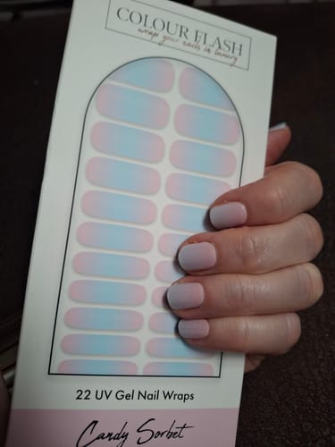 Reviewer's hand holding the Candy Sorbet UV Gel Nail Wraps packaging with applied pink and blue ombré nails.