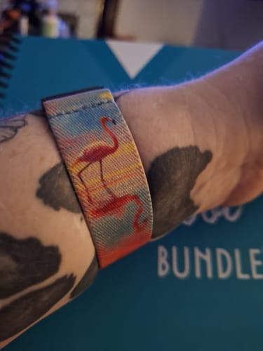 Customer's Flamingo Watchband on their wrist, featuring a colorful flamingo pattern against a sunset background.