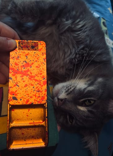 Customer's metal Mission Case with a colorful speckle pattern held by a hand next to a resting cat.