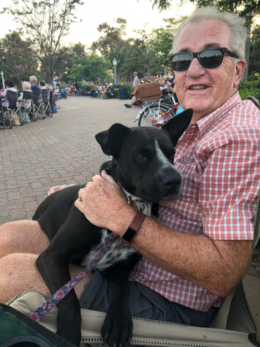Customer's Nylon Mesh Thong worn by a person sitting outdoors with a black dog on their lap.
