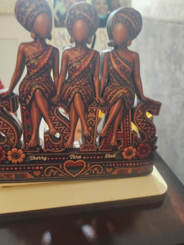 Customer's Personalized 2-Layered Wooden Plaque featuring three women with custom names Sherry, Tara, and Shell.