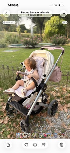 Customer's dusty pink Colchoneta Universal silla de paseo in use by a child inside a stroller in a park.