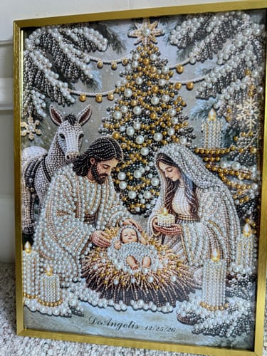 Customer's completed 3D Pearl Art Holy Night Nativity craft kit, framed with glittering resin pearl beads.