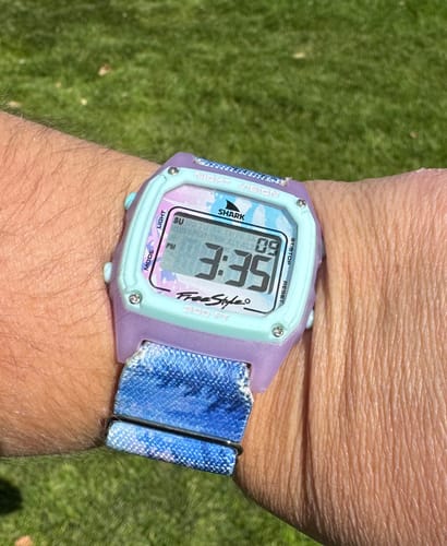 Customer's Wanderer Watch Band installed on a Shark Freestyle watch, worn on the wrist outdoors.