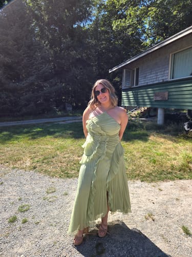 Customer photo review of Lorelie Halter Gown in Sage Green by AMUR - RENTAL