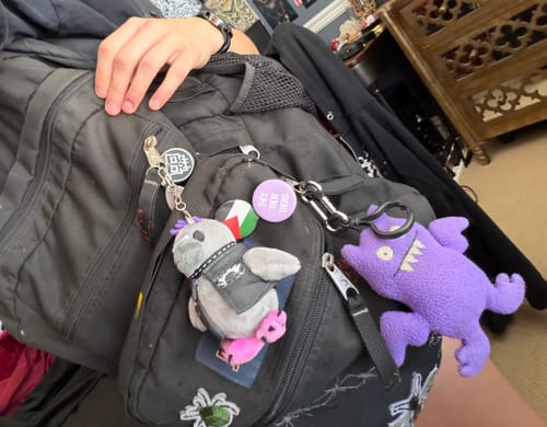 Customer's MINI PLUSHIES keychain characters attached to a black backpack strap