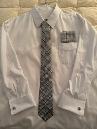 Customer photo review of Gray Black Plaid Necktie Pocket Square Cufflinks Set