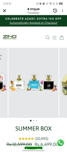 Customer's screen capture showing a product page for a Summer Box with three perfume bottles displayed.