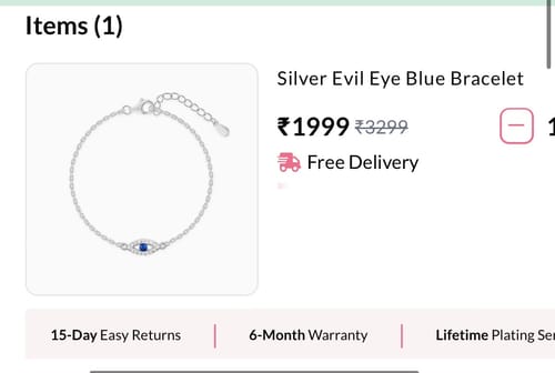 Customer's Silver Evil Eye Blue Bracelet displayed on a webpage with price and delivery details.