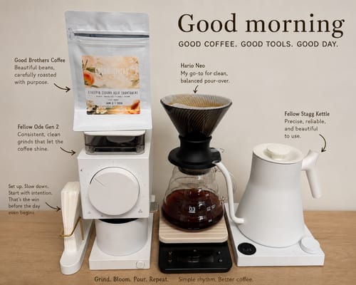 Customer's Ethiopia Sidama Ayla Shantawene coffee bag displayed next to a white coffee grinder, dripper, and kettle.