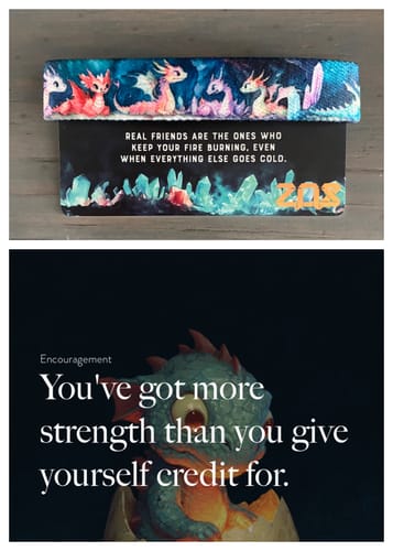 Customer's Fire Friends bracelet packaging displayed above a digital screen showing a baby dragon encouragement quote.