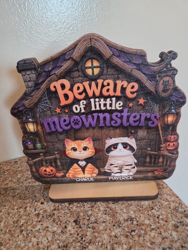 Customer's personalized wooden Beware of Little Meownsters plaque featuring cartoon cats named Charlie and Maverick.