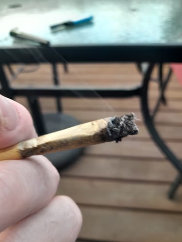 Reviewer's hand holding a lit Green Dragon Hash Hole pre-roll, with visible smoke and glowing ember.
