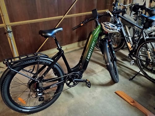 Customer's green Lankeleisi MG600 Lite e-bike parked indoors in a garage setting.