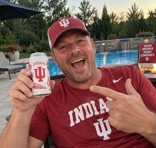 Customer's Indiana Hoosiers Universal Buddy can cooler held by a person in a pool setting.