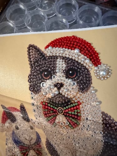 Customer's work in progress Personalized 3D Pearl Art DIY Kit featuring a cat with a festive scarf and Santa hat.