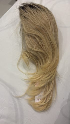 Customer photo review of JBEXTENSION 12 Inches Blonde with Dark Root Pre-Cut Free Part Frontlace Glueless Real Human Hair Wig SOPHIA BLONDE WITH DARK ROOT - Open Weft【BENDY EAR TABS】
