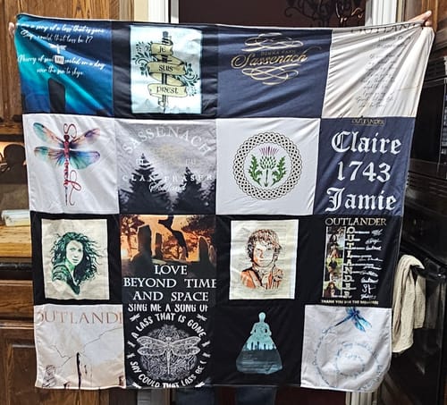Customer's Project Repat T-Shirt Quilt featuring various Outlander-themed shirt panels in a grid layout