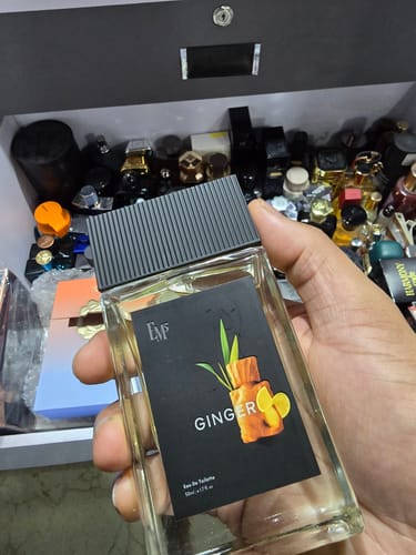 Reviewer's hand holding a clear, rectangular Ginger perfume bottle with a black cap and graphic label.