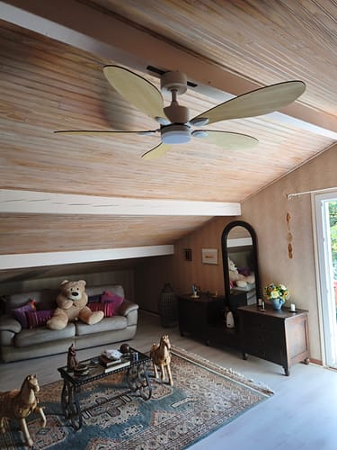 Customer's Libellule teinté Chêne ventilateur de plafond installé sur un plafond en bois dans un salon chaleureux.