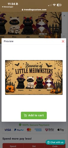 Customer's preview screen showing the personalized Beware of Little Meownsters Halloween doormat with four cats.