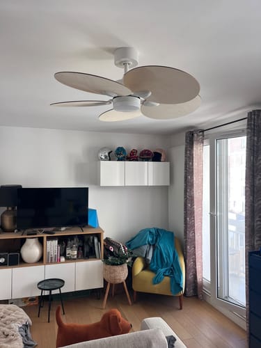 Customer's Lotus ventilateur de plafond monté au plafond dans un salon avec des pales en bois clair en forme de fleur.