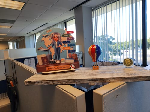 Reviewer's personalized wooden travel plaque featuring a character and destination signs displayed on an office desk.