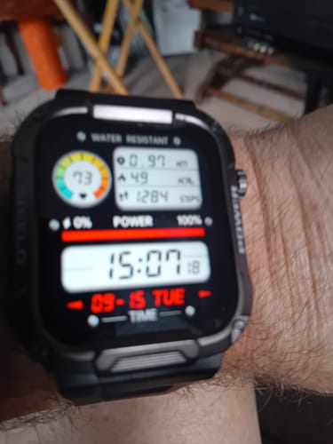 Customer's Gard Pro Ultra smartwatch worn on wrist, showing the large digital clock face and activity metrics.