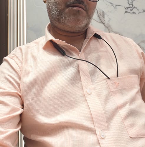 Customer's Fanta Grid Stripes Bamboo Linen shirt in a slim fit, showing the fabric texture and collar.