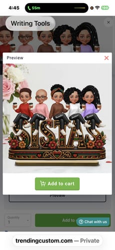 Customer's Personalized 2-Layered Wooden Plaque featuring five characters sitting on the word SISTAS with floral accents.